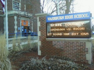 Washburn High School sign with Basketball Tourney info